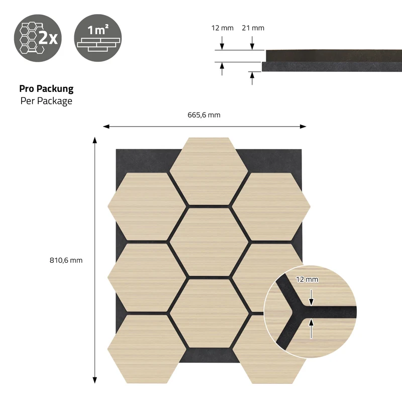 2er Set Akustikpaneele für 1m² Eiche Wandpaneele Hexagon Schalldämmung ML-Design