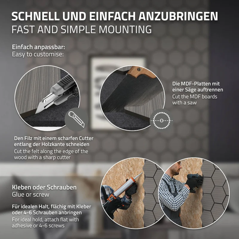 2er Set Akustikpaneele für 1m² Grau Wandpaneele Hexagon Schallabsorber Schalldämmung ML-Design