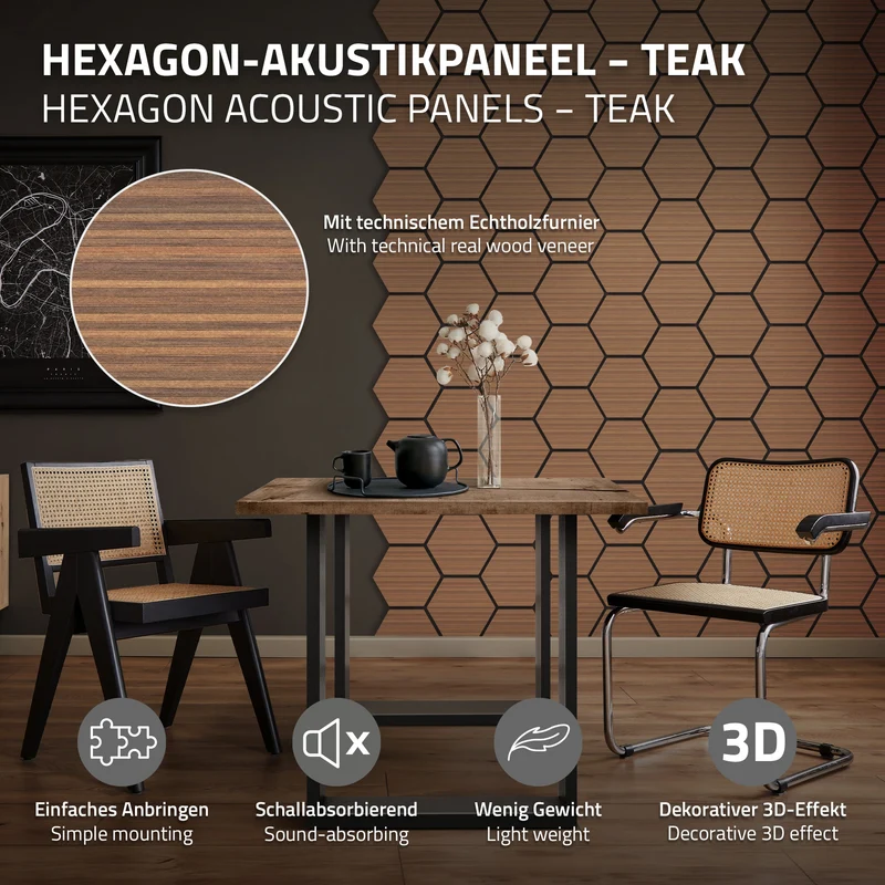 2er Set Akustikpaneele für 1m² Teak Wandpaneele Hexagon Schallabsorber Schalldämmung ML-Design