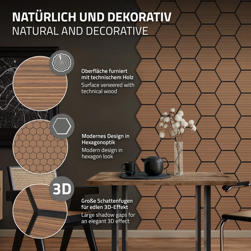 2er Set Akustikpaneele für 1m² Teak Wandpaneele Hexagon Schallabsorber Schalldämmung ML-Design