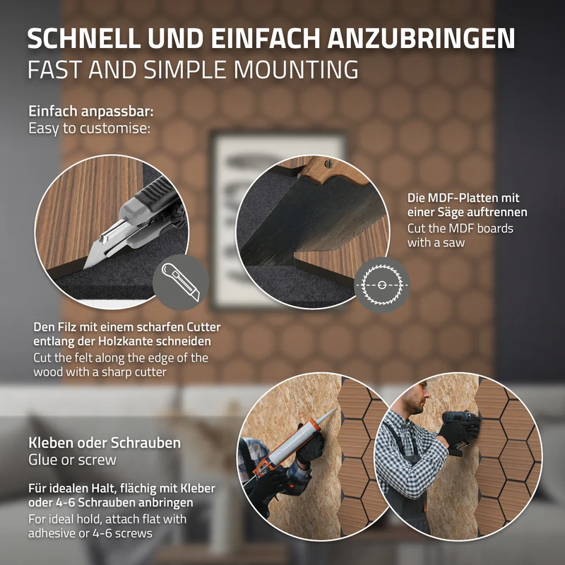 2er Set Akustikpaneele für 1m² Teak Wandpaneele Hexagon Schallabsorber Schalldämmung ML-Design
