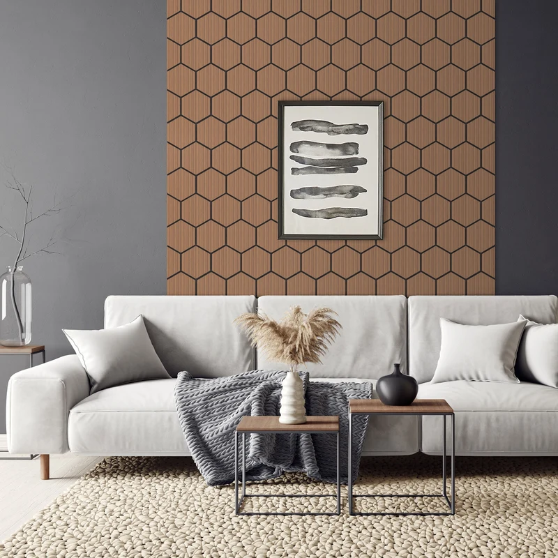2er Set Akustikpaneele für 1m² Teak Wandpaneele Hexagon Schallabsorber Schalldämmung ML-Design