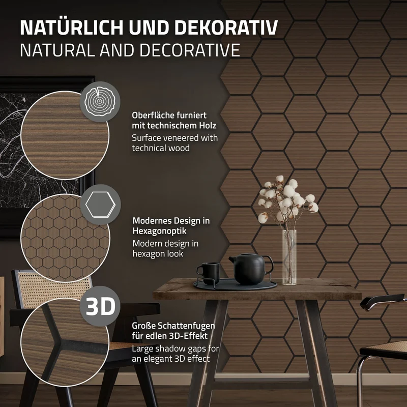 2er Set Akustikpaneele für 1m² Braun Wandpaneele Hexagon Schallabsorber Schalldämmung ML-Design