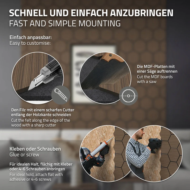 2er Set Akustikpaneele für 1m² Braun Wandpaneele Hexagon Schallabsorber Schalldämmung ML-Design