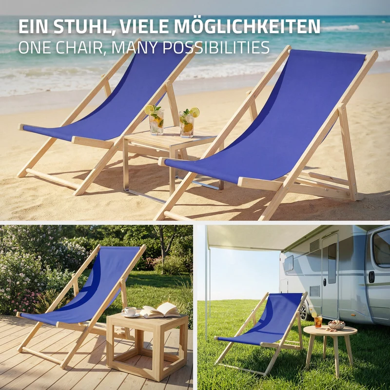 Liegestuhl klappbar Dunkelblau Holz verstellbare Rückenlehne bis 120 kg Sonnenliege Gartenliege Strandliege