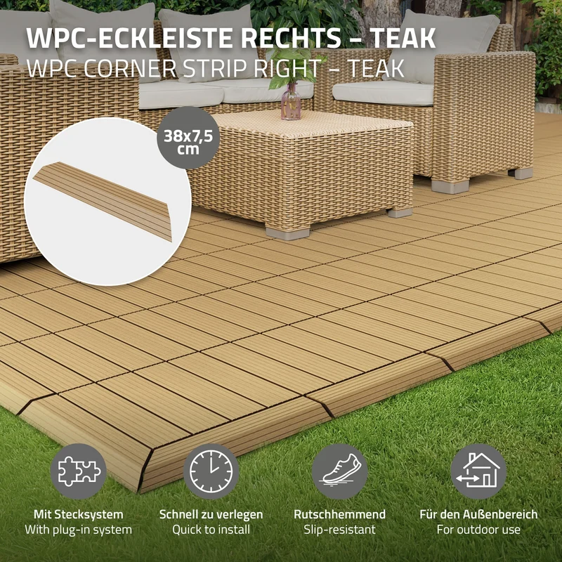 WPC Abschlussleiste 38x2x7,5 cm für WPC Bodenfliese Ecke rechts Teak ML-Design