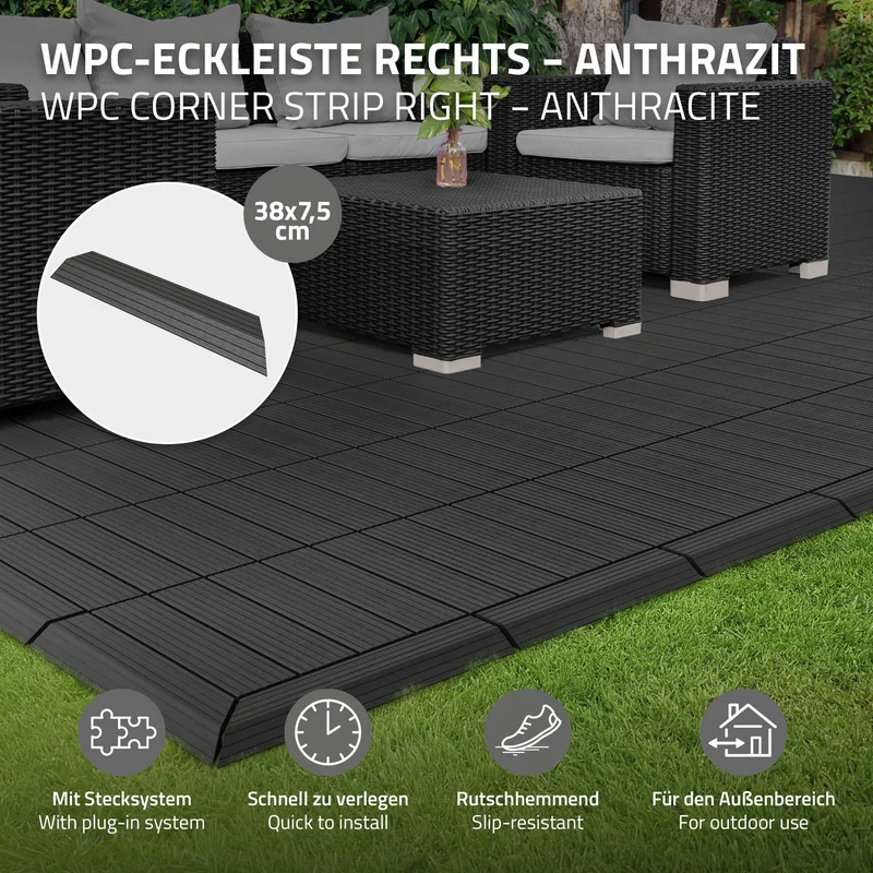 WPC Abschlussleiste 38x2x7,5 cm für WPC Bodenfliese Ecke rechts Anthrazit ML-Design