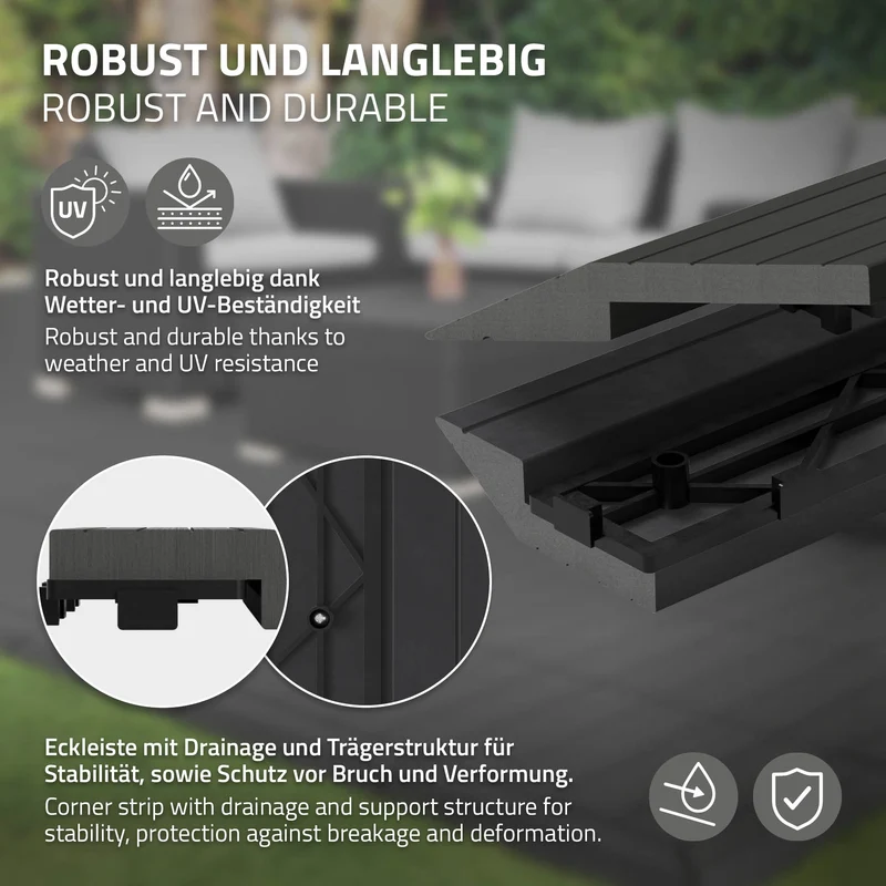 WPC Abschlussleiste 38x2x7,5 cm für WPC Bodenfliese Ecke rechts Anthrazit ML-Design