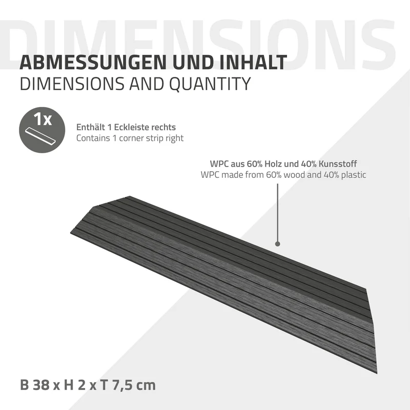 WPC Abschlussleiste 38x2x7,5 cm für WPC Bodenfliese Ecke rechts Anthrazit ML-Design