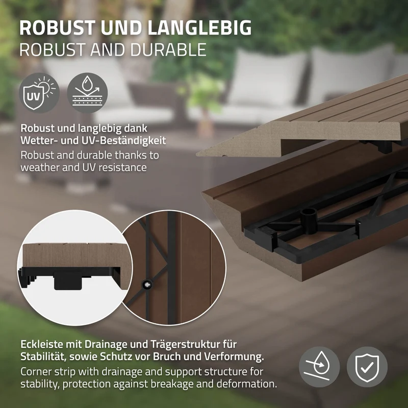 WPC Abschlussleiste 38x2x7,5 cm für WPC Bodenfliese Ecke rechts Dunkelbraun ML-Design