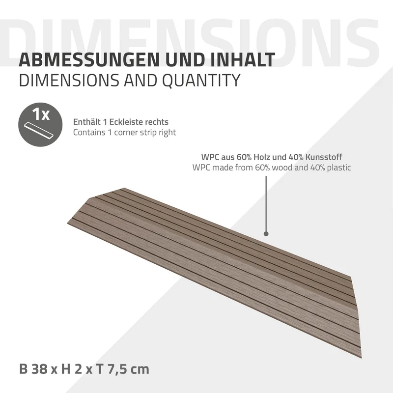 WPC Abschlussleiste 38x2x7,5 cm für WPC Bodenfliese Ecke rechts Dunkelbraun ML-Design