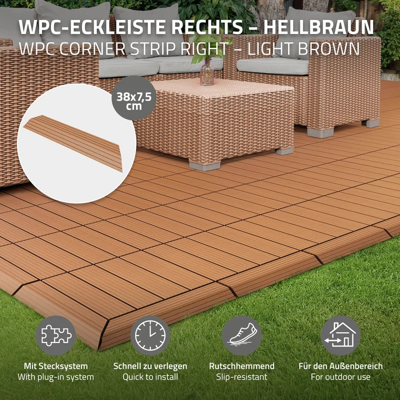 WPC Abschlussleiste 38x2x7,5 cm für WPC Bodenfliese Ecke rechts Hellbraun ML-Design