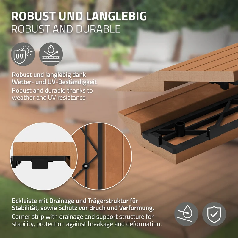 WPC Abschlussleiste 38x2x7,5 cm für WPC Bodenfliese Ecke rechts Hellbraun ML-Design