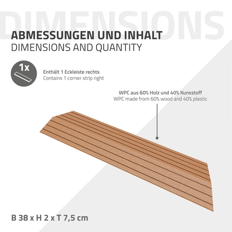 WPC Abschlussleiste 38x2x7,5 cm für WPC Bodenfliese Ecke rechts Hellbraun ML-Design