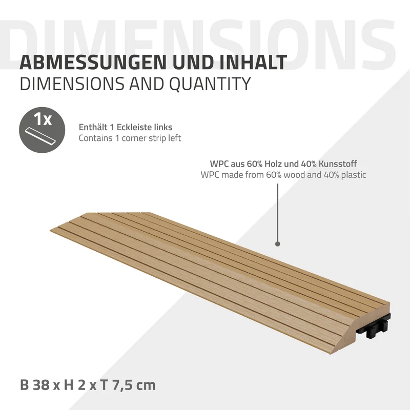 WPC Abschlussleiste 38x2x7,5 cm für WPC Bodenfliese Ecke links Teak ML-Design