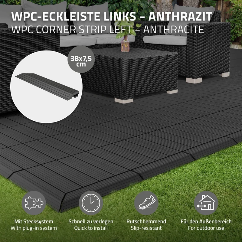 WPC Abschlussleiste 38x2x7,5 cm für WPC Bodenfliese Ecke links Anthrazit ML-Design