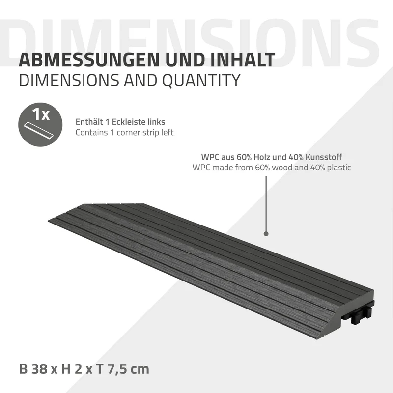 WPC Abschlussleiste 38x2x7,5 cm für WPC Bodenfliese Ecke links Anthrazit ML-Design