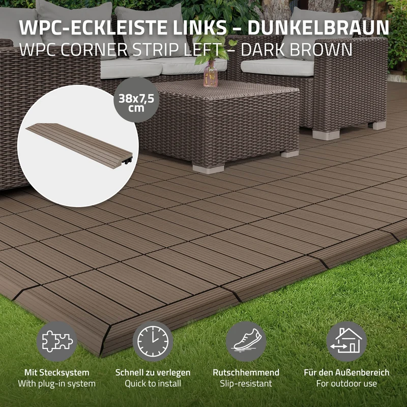 WPC Abschlussleiste 38x2x7,5 cm für WPC Bodenfliese Ecke links Dunkelbraun ML-Design