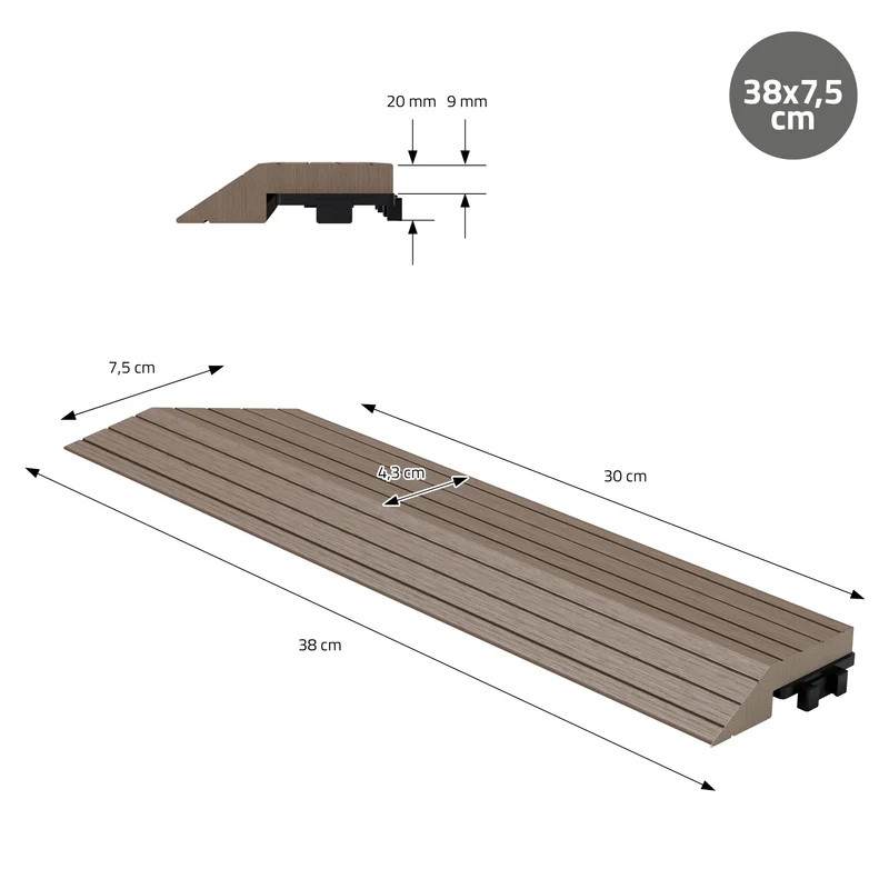 WPC Abschlussleiste 38x2x7,5 cm für WPC Bodenfliese Ecke links Dunkelbraun ML-Design