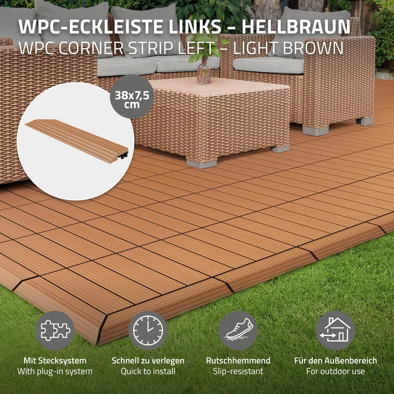 WPC Abschlussleiste 38x2x7,5 cm für WPC Bodenfliese Ecke links Hellbraun ML-Design