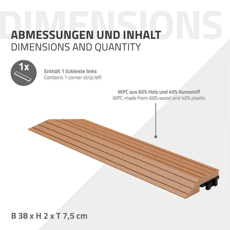 WPC Abschlussleiste 38x2x7,5 cm für WPC Bodenfliese Ecke links Hellbraun ML-Design