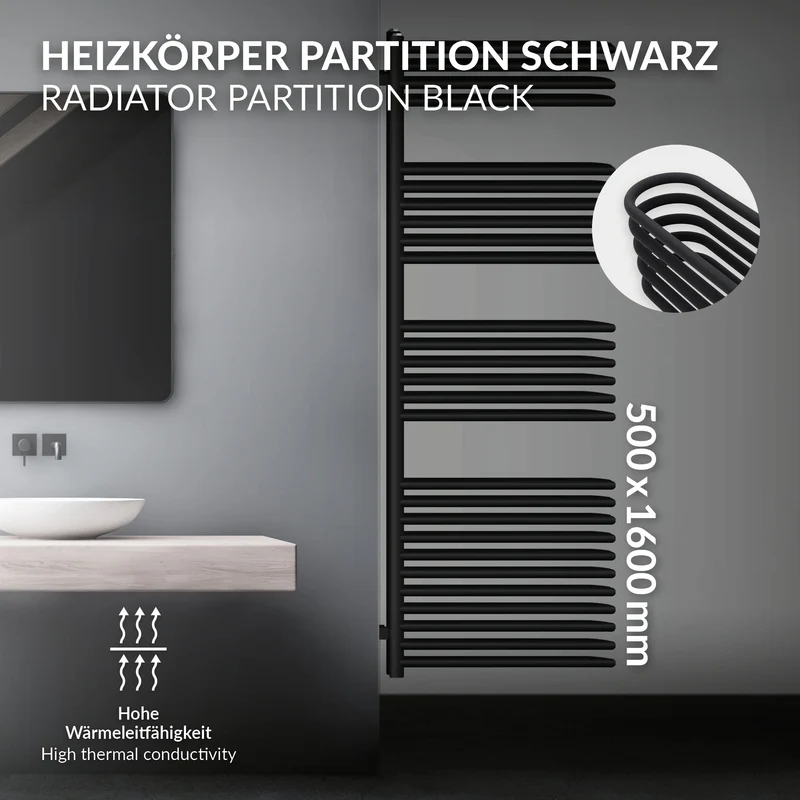 Badheizkörper Raumteiler U-Form 500x1600 mm Schwarz matt LuxeBath