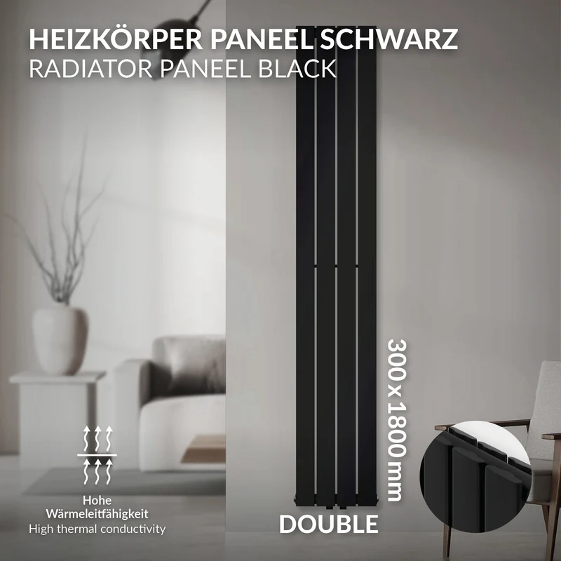 Paneelheizkörper Doppellagig 1800x300 mm Schwarz matt mit Mittelanschluss LuxeBath