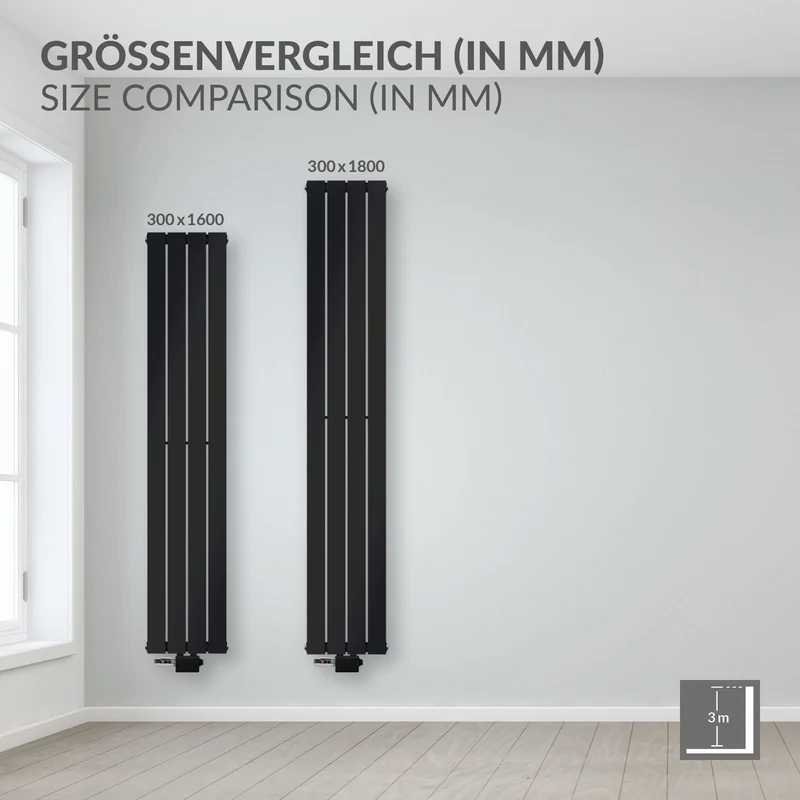 Paneelheizkörper Doppellagig 1800x300 mm Schwarz matt mit Mittelanschluss LuxeBath