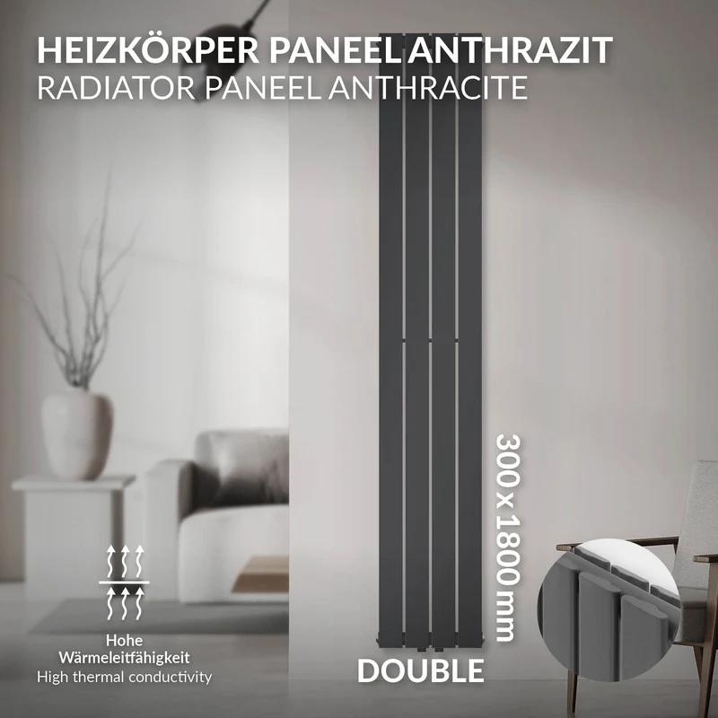 Paneelheizkörper Doppellagig 300x1800 mm Anthrazit mit Mittelanschluss LuxeBath