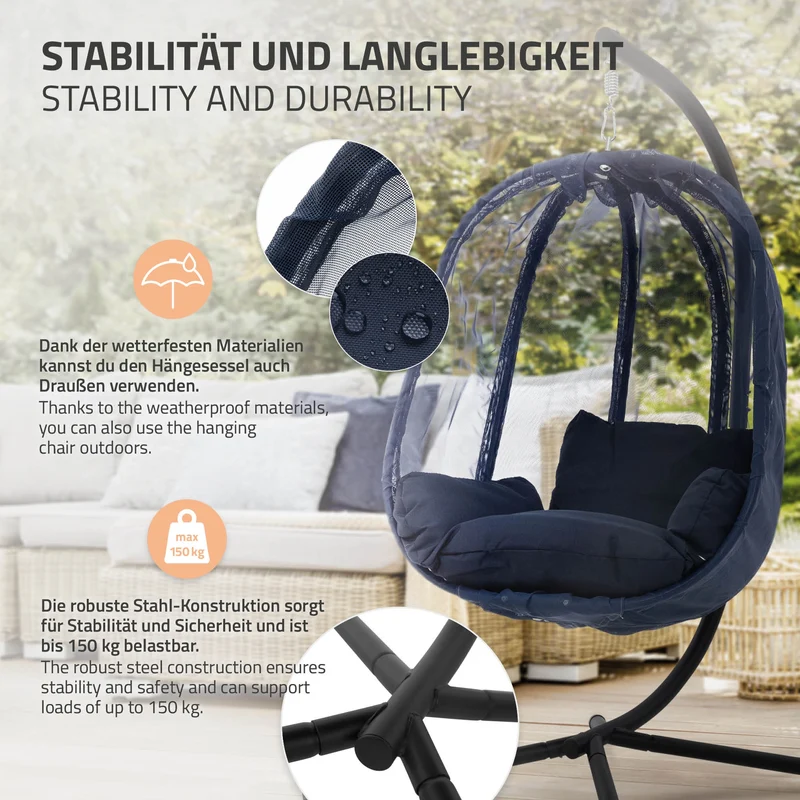 Hängesessel mit Gestell und Sitzkissen Navyblau aus Stahl inkl. Abdeckung ML-Design