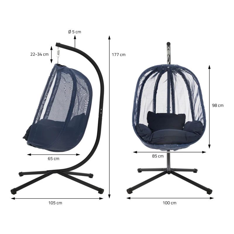 Hängesessel mit Gestell und Sitzkissen Navyblau aus Stahl inkl. Abdeckung ML-Design