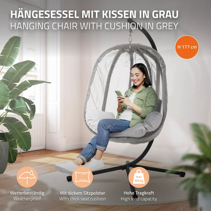 Hängesessel mit Gestell und Sitzkissen Grau aus Stahl inkl. Abdeckung ML-Design