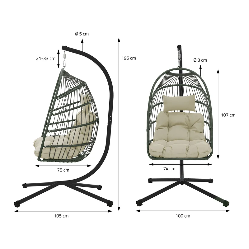Hängesessel mit Gestell und Kissen Khaki aus Stahl inkl. Abdeckung ML-Design