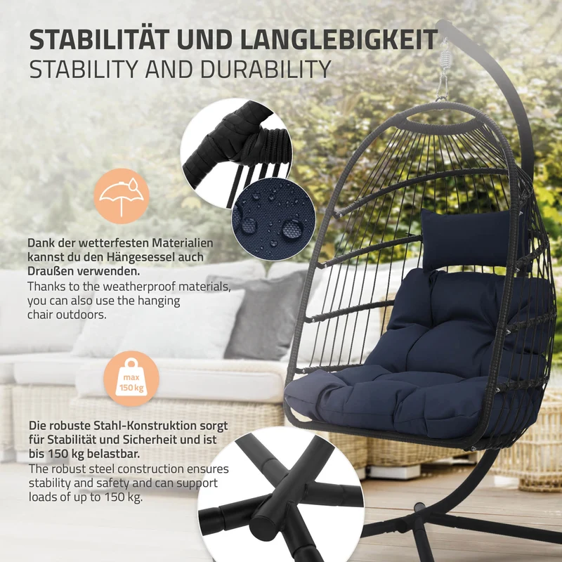 Hängesessel mit Gestell und Kissen Navyblau aus Stahl inkl. Abdeckung ML-Design