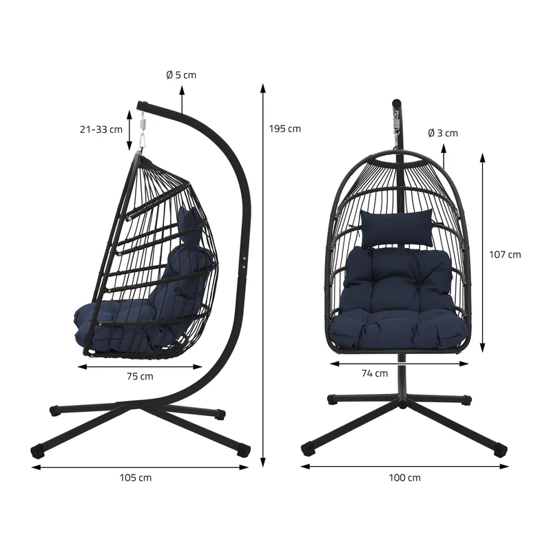 Hängesessel mit Gestell und Kissen Navyblau aus Stahl inkl. Abdeckung ML-Design
