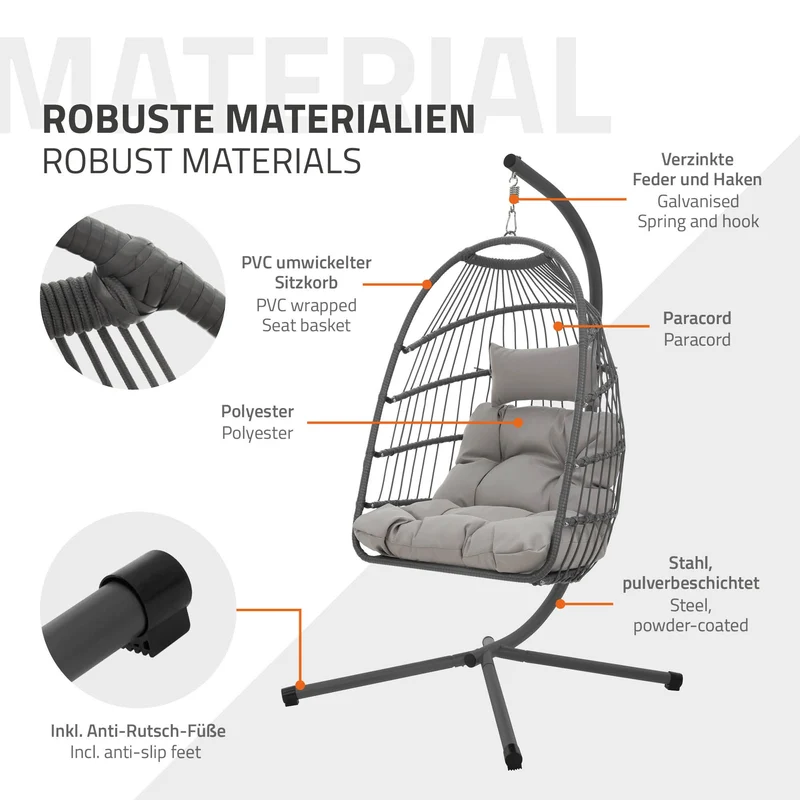 Hängesessel mit Gestell und Kissen Grau aus Stahl inkl. Abdeckung ML-Design