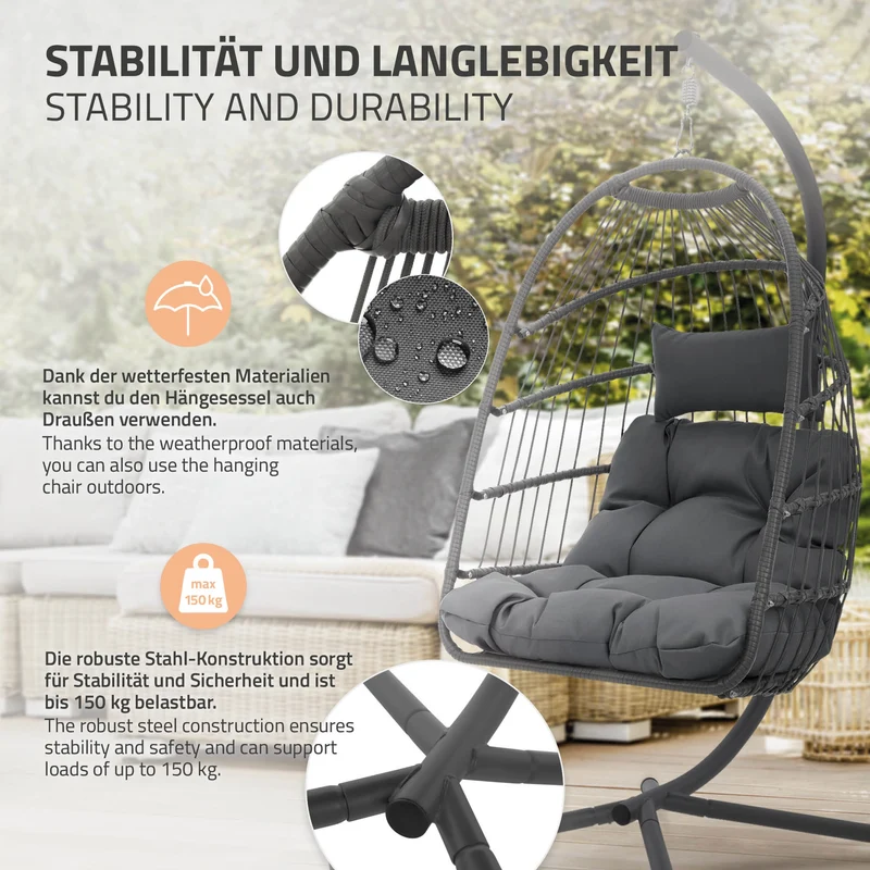 Hängesessel mit Gestell und Kissen Dunkelgrau aus Stahl inkl. Abdeckung ML-Design