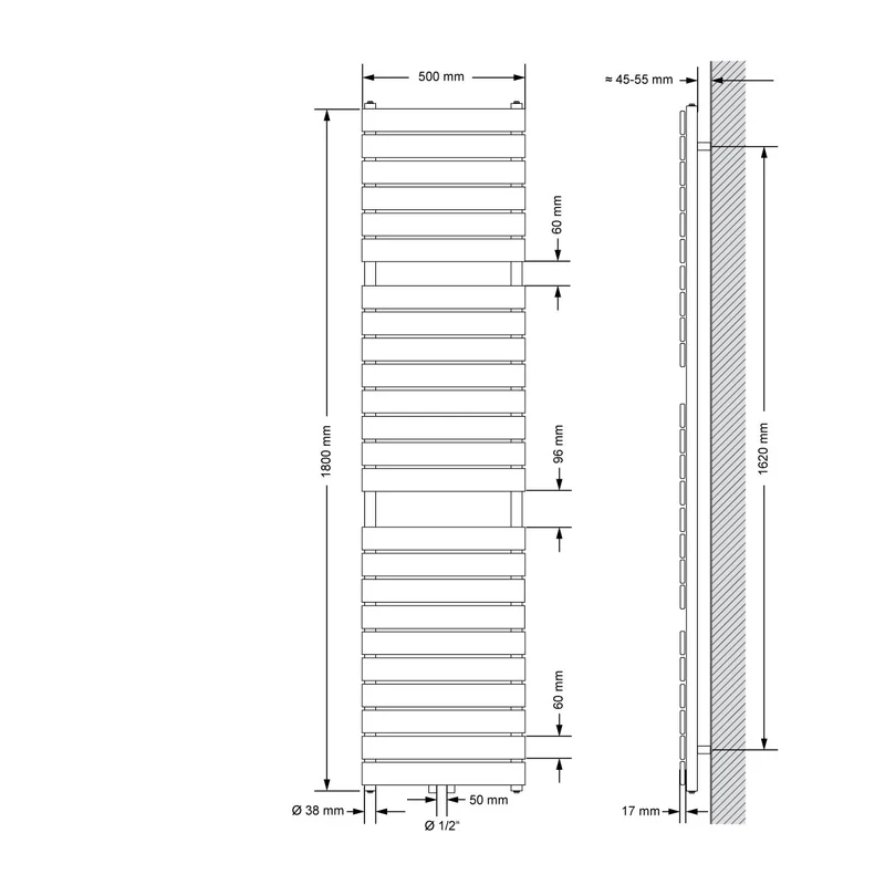 Badheizkörper Mittelanschluss 500x1800 mm Weiß mit Boden Anschlussgarnitur LuxeBath