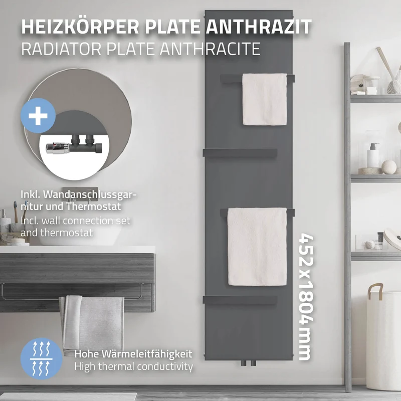 Badheizkörper 1800x452 mm Anthrazit mit Wand Anschlussgarnitur inkl. 4x Handuchhalter ML-Design
