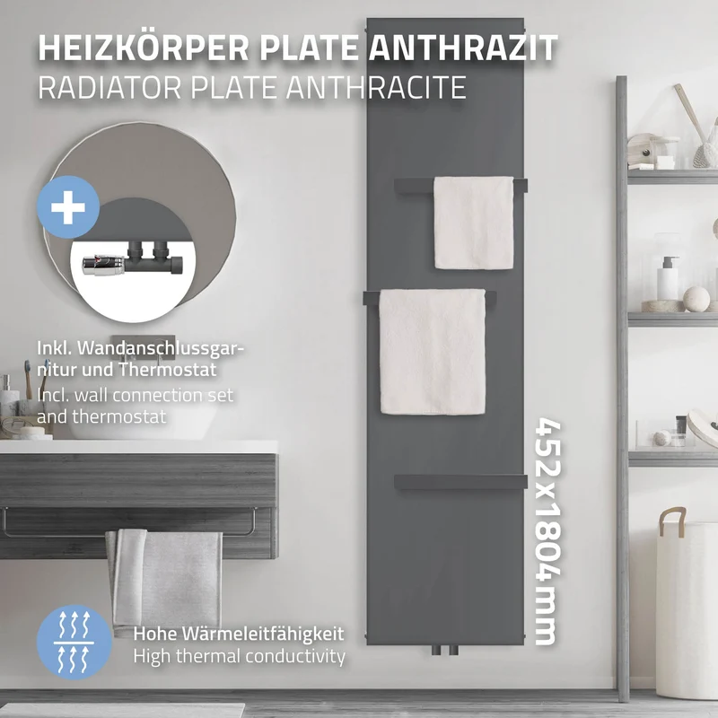 Badheizkörper 1800x452 mm Anthrazit mit Wand Anschlussgarnitur inkl. 3x Handuchhalter ML-Design
