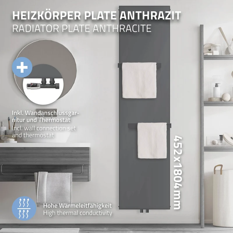 Badheizkörper 452x1800 mm Anthrazit mit Wand Anschlussgarnitur inkl. 2x Handuchhalter ML-Design