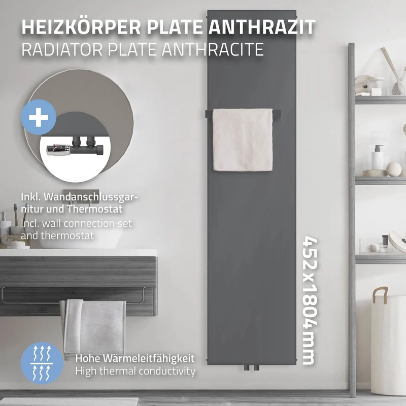 Badheizkörper 452x1800 mm Anthrazit mit Wand Anschlussgarnitur inkl. 1x Handuchhalter ML-Design