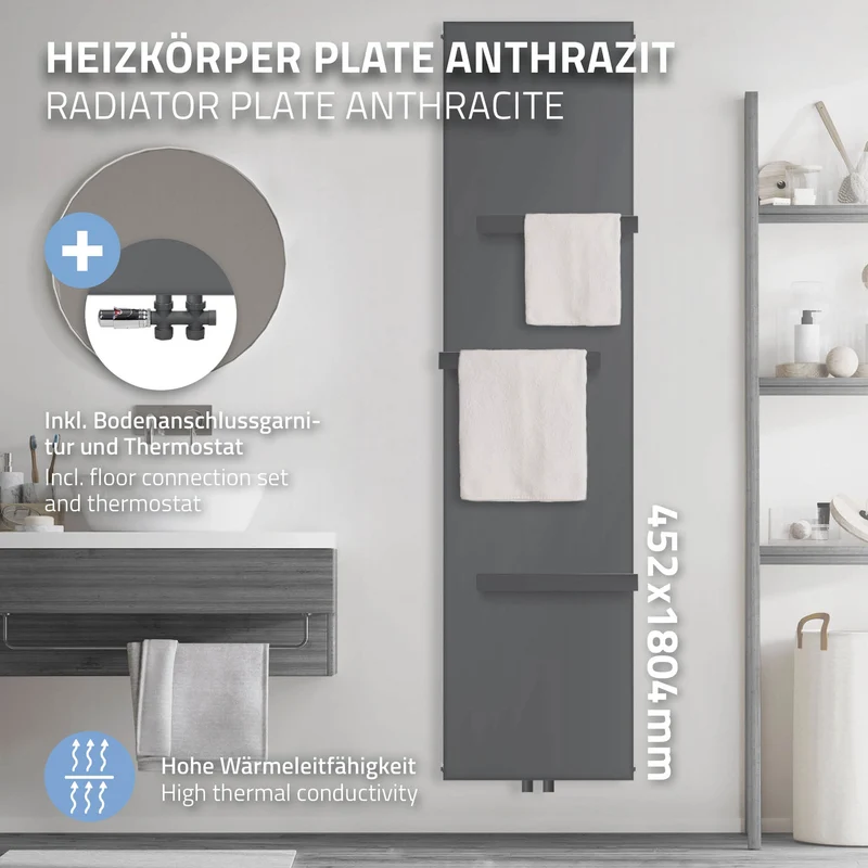 Badheizkörper 452x1800 mm Anthrazit mit Boden Anschlussgarnitur inkl. 3x Handuchhalter ML-Design