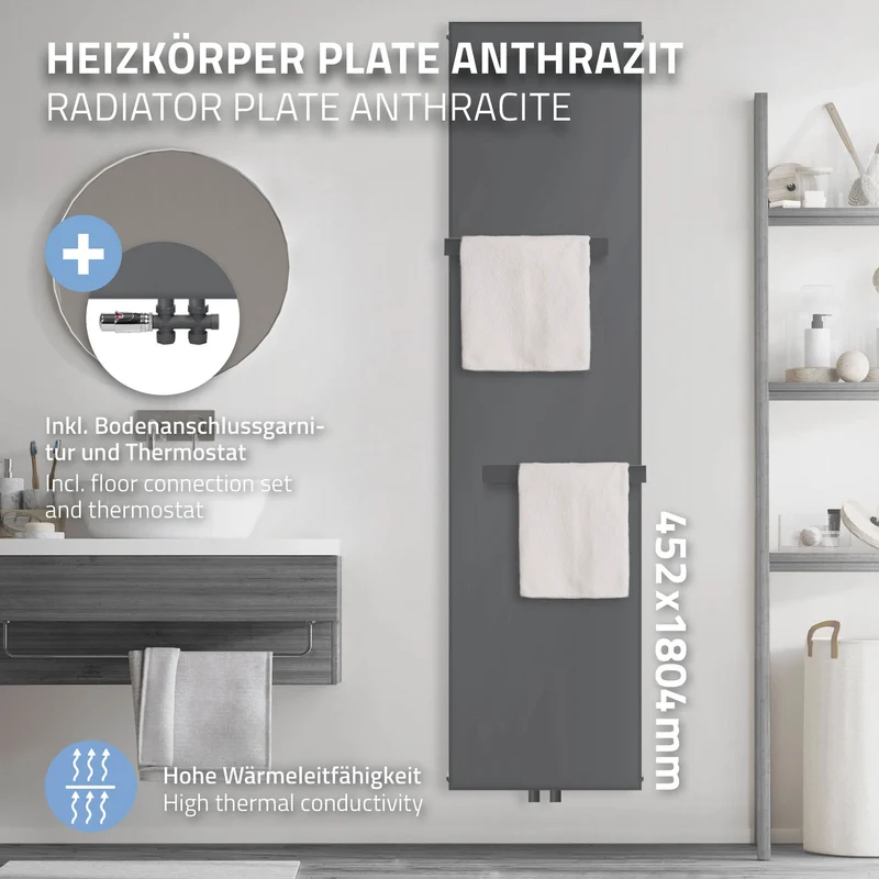 Badheizkörper 1800x452 mm Anthrazit mit Boden Anschlussgarnitur inkl. 2x Handuchhalter ML-Design