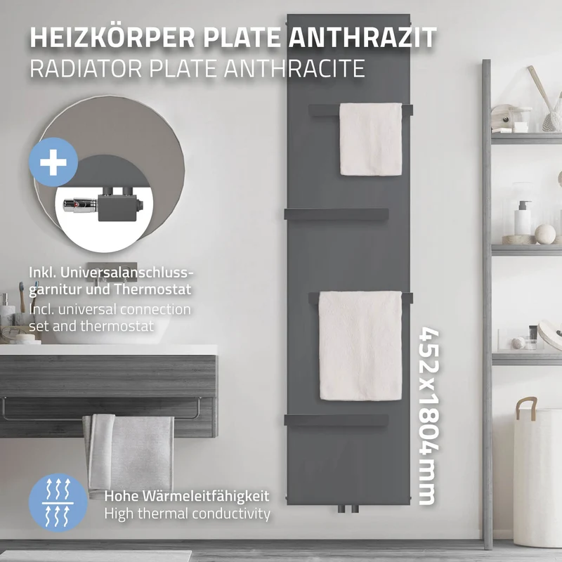 Badheizkörper 1800x452 mm Anthrazit mit Universale Anschlussgarnitur inkl. 4x Handuchhalter ML-Design