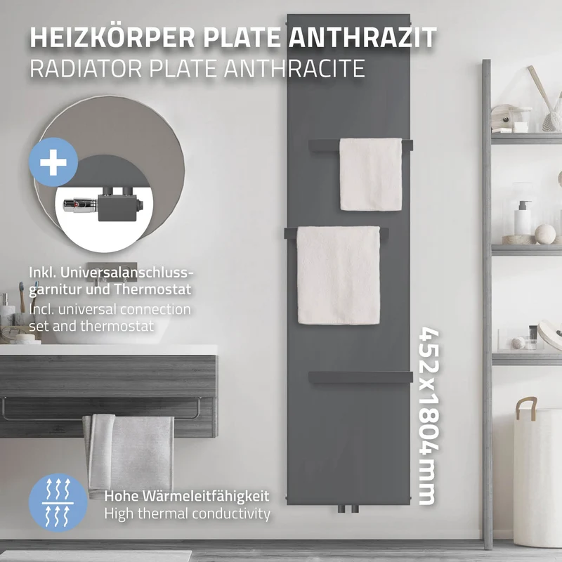 Badheizkörper 1800x452 mm Anthrazit mit Universale Anschlussgarnitur inkl. 3x Handuchhalter ML-Design