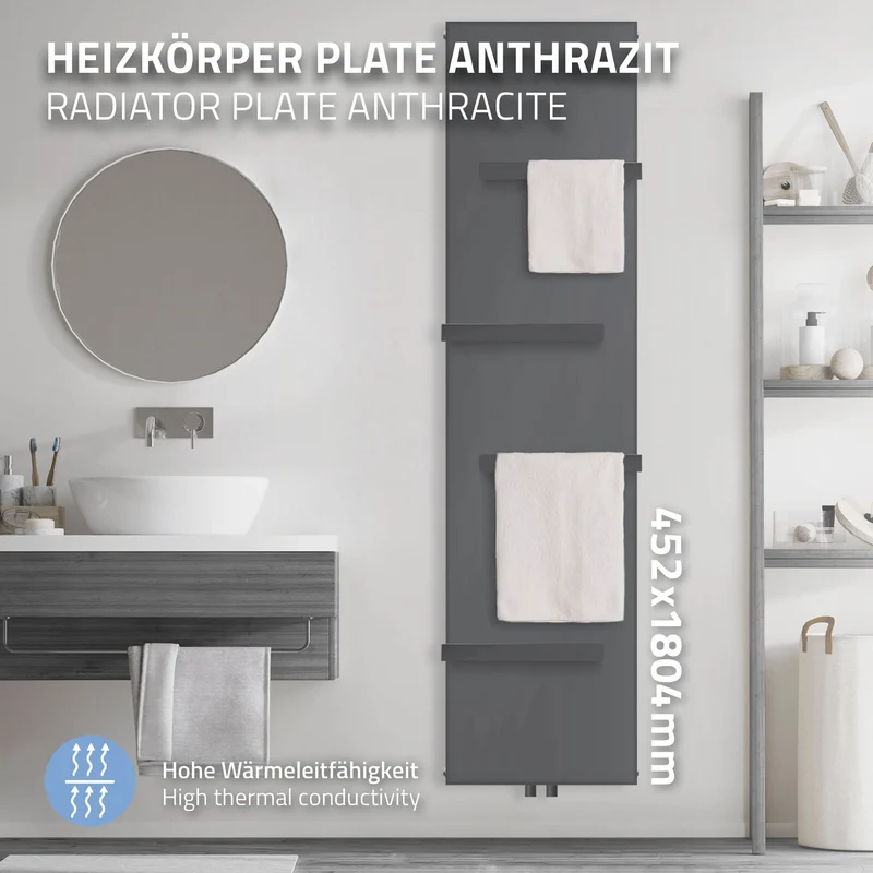 Badheizkörper 1800x452 mm Anthrazit mit Mittelanschluss inkl. 4x Handuchhalter ML-Design