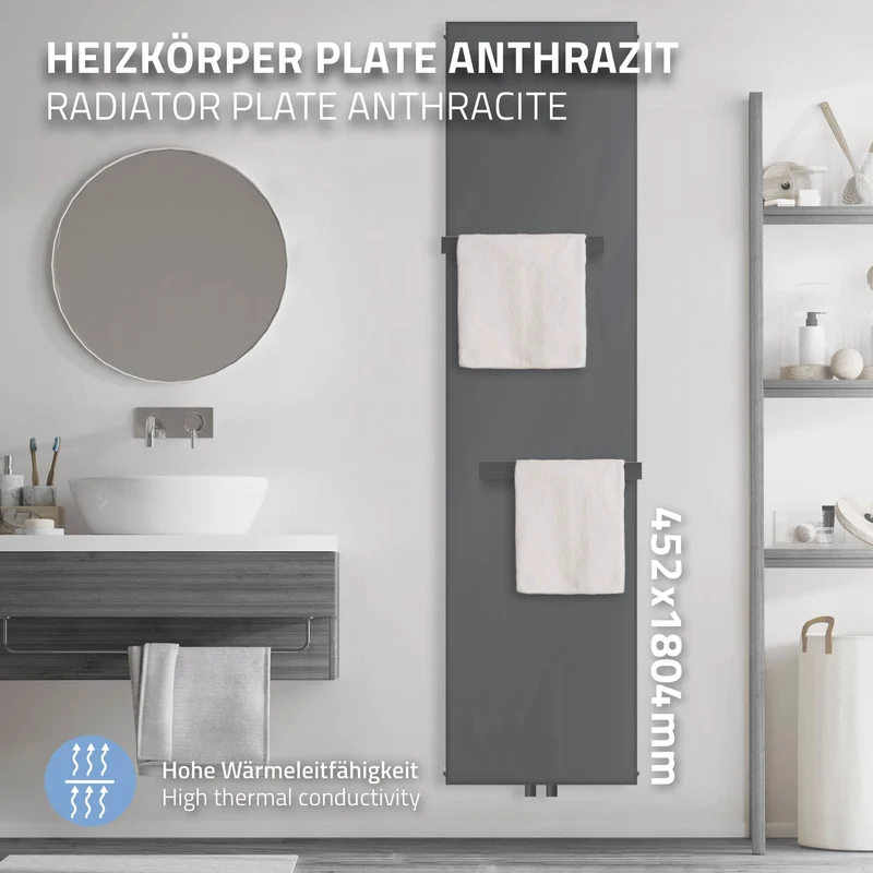 Badheizkörper 1800x452 mm Anthrazit mit Mittelanschluss inkl. 2x Handuchhalter ML-Design