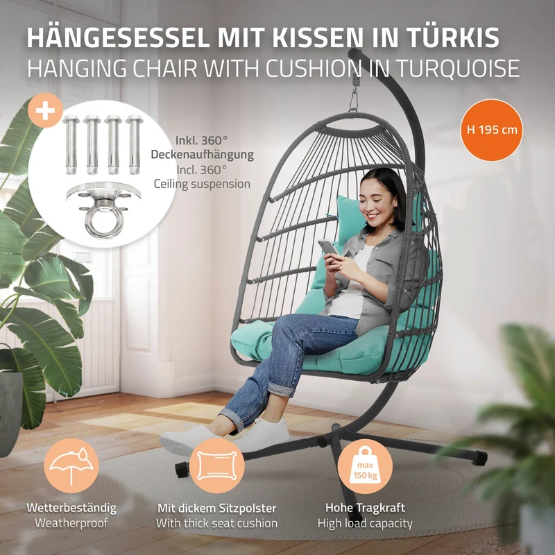 Hängesessel 100x105x195 cm Türkisgrün aus Polyester mit Gestell und Kissen ML-Design