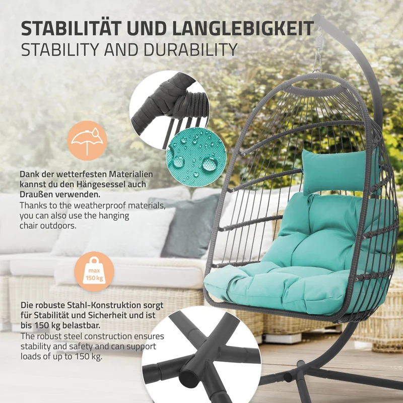 Hängesessel 100x105x195 cm Türkisgrün aus Polyester mit Gestell und Kissen ML-Design